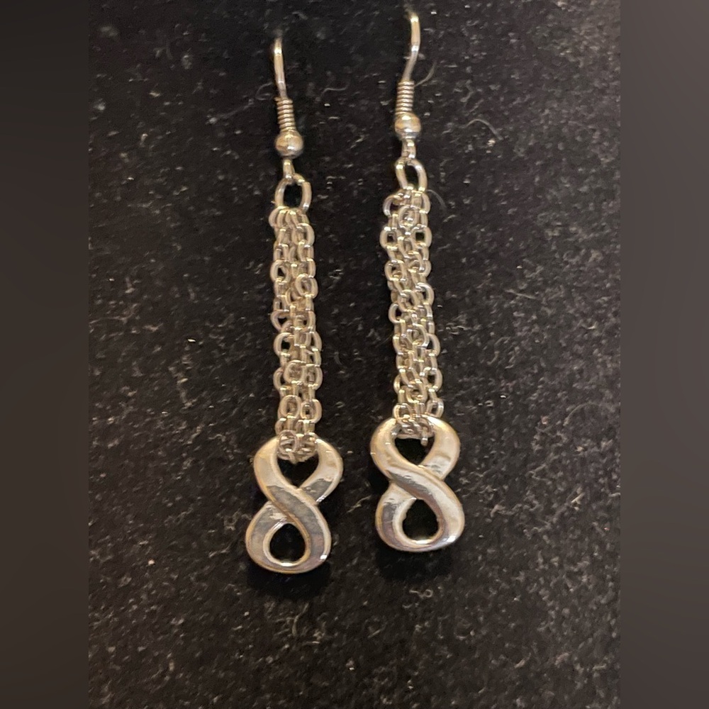 Women’s silver tone dangle earrings, infinity drop. Jewelry casual lightweight